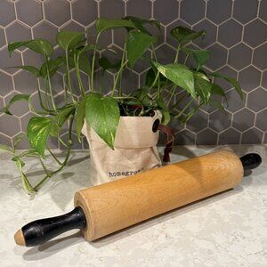 Vintage Wooden Rolling Pin with Black Handles and Natural Wood Finish